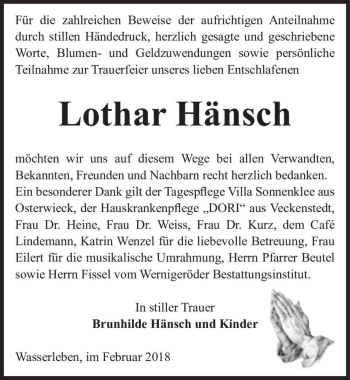 Traueranzeige von Lothar Hänsch  von Magdeburger Volksstimme