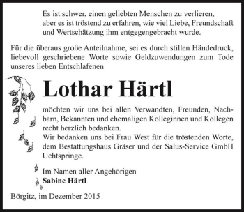 Traueranzeige von Lothar Härtl  von Magdeburger Volksstimme