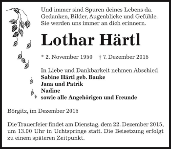 Traueranzeige von Lothar Härtl  von Magdeburger Volksstimme