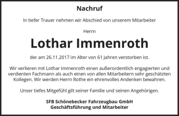 Traueranzeige von Lothar Immenroth  von Magdeburger Volksstimme