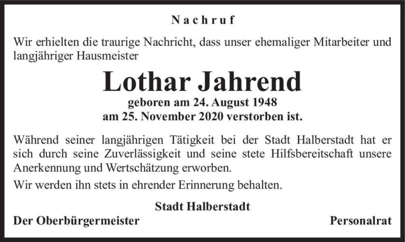  Traueranzeige für Lothar Jahrend  vom 04.12.2020 aus Magdeburger Volksstimme