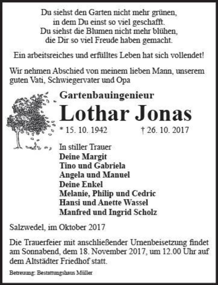  Traueranzeige für Lothar Jonas  vom 28.10.2017 aus Magdeburger Volksstimme