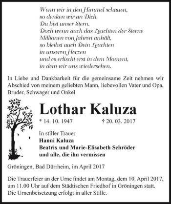 Traueranzeige von Lothar Kaluza  von Magdeburger Volksstimme