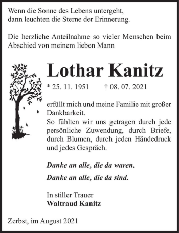 Traueranzeige von Lothar Kanitz  von Magdeburger Volksstimme