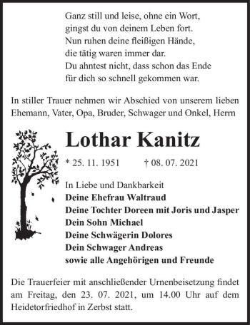 Traueranzeige von Lothar Kanitz  von Magdeburger Volksstimme
