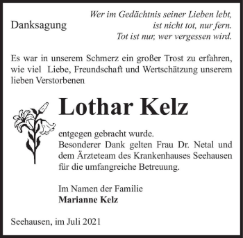 Traueranzeige von Lothar Kelz  von Magdeburger Volksstimme