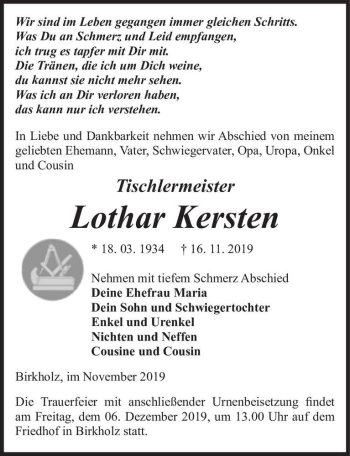 Traueranzeige von Lothar Kersten  von Magdeburger Volksstimme