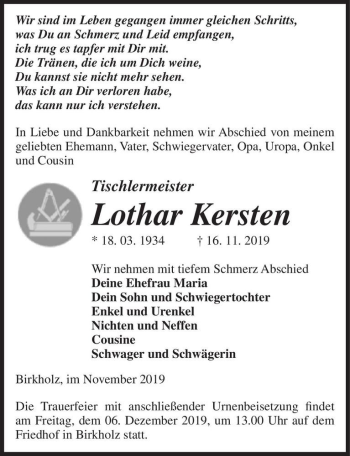 Traueranzeige von Lothar Kersten  von Magdeburger Volksstimme