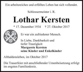 Traueranzeige von Lothar Kersten  von Magdeburger Volksstimme