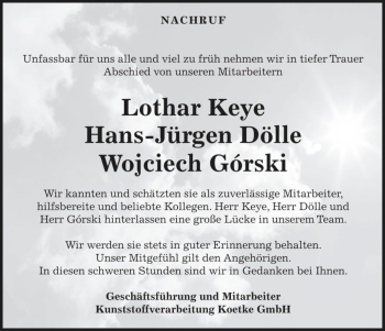 Traueranzeige von Lothar Keye, Hans-Jürgen Dölle, Wojciech Górski  von Magdeburger Volksstimme