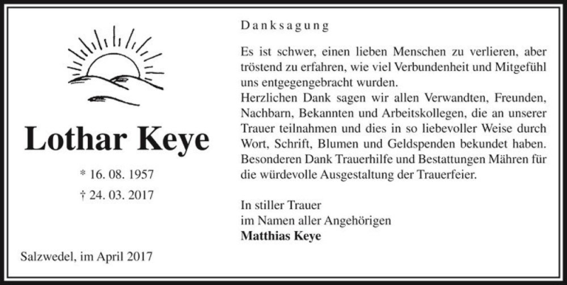  Traueranzeige für Lothar Keye  vom 11.04.2017 aus Magdeburger Volksstimme