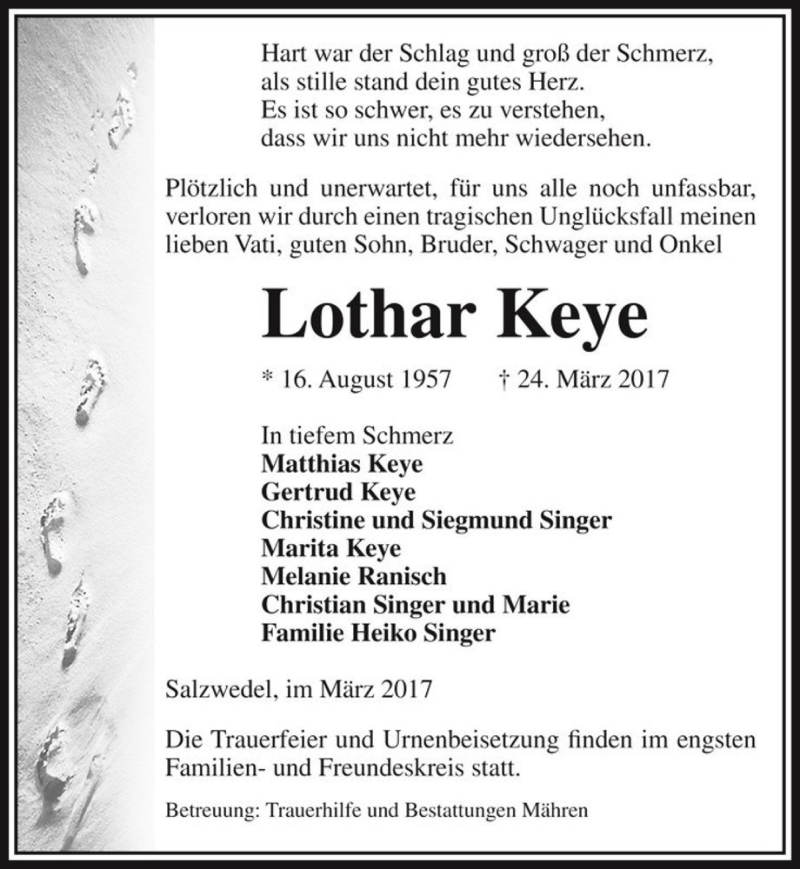  Traueranzeige für Lothar Keye  vom 29.03.2017 aus Magdeburger Volksstimme
