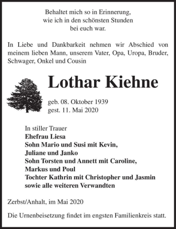 Traueranzeige von Lothar Kiehne  von Magdeburger Volksstimme