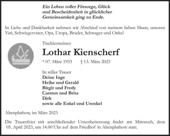 Traueranzeige von Lothar Kienscherf  von Magdeburger Volksstimme