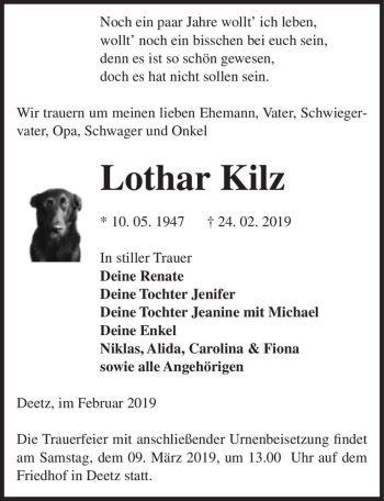 Traueranzeige von Lothar Kilz  von Magdeburger Volksstimme