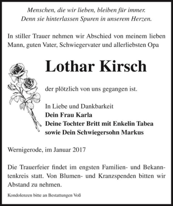 Traueranzeige von Lothar Kirsch  von Magdeburger Volksstimme