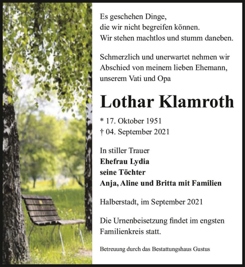  Traueranzeige für Lothar Klamroth  vom 11.09.2021 aus Magdeburger Volksstimme