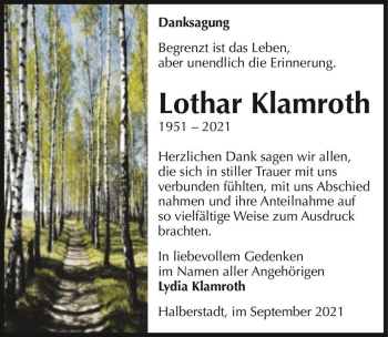 Traueranzeige von Lothar Klamroth  von Magdeburger Volksstimme