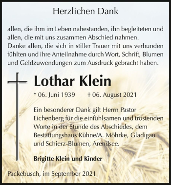 Traueranzeige von Lothar Klein  von Magdeburger Volksstimme