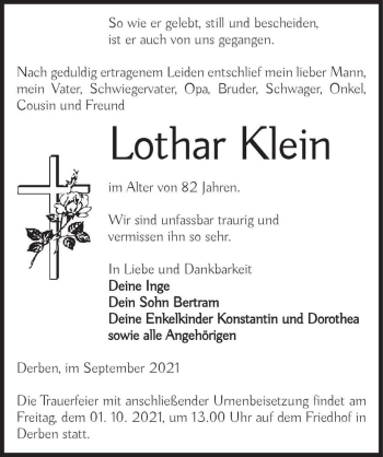Traueranzeige von Lothar Klein  von Magdeburger Volksstimme