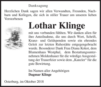 Traueranzeige von Lothar Klinge  von Magdeburger Volksstimme