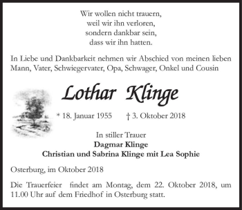 Traueranzeige von Lothar Klinge  von Magdeburger Volksstimme
