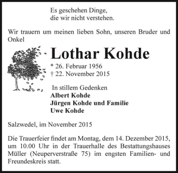 Traueranzeige von Lothar Kohde  von Magdeburger Volksstimme