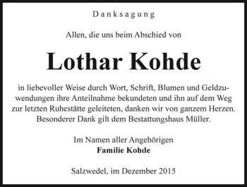 Traueranzeige von Lothar Kohde  von Magdeburger Volksstimme