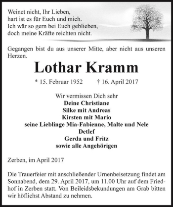 Traueranzeige von Lothar Kramm  von Magdeburger Volksstimme