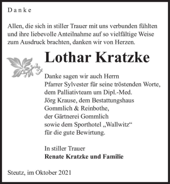 Traueranzeige von Lothar Kratzke  von Magdeburger Volksstimme