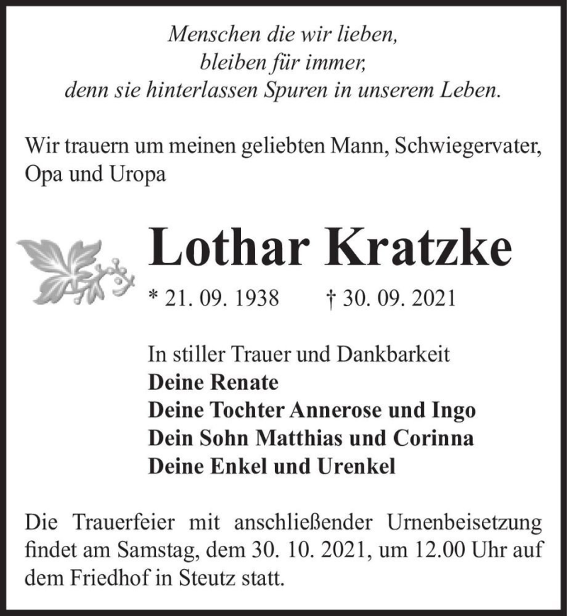  Traueranzeige für Lothar Kratzke  vom 09.10.2021 aus Magdeburger Volksstimme