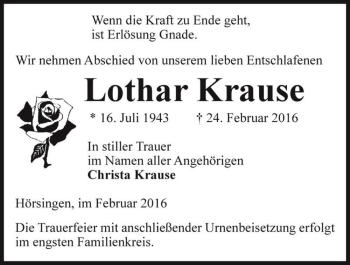 Traueranzeige von Lothar Krause  von Magdeburger Volksstimme