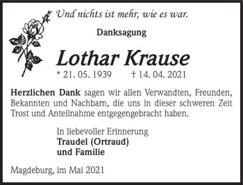 Traueranzeige von Lothar Krause  von Magdeburger Volksstimme