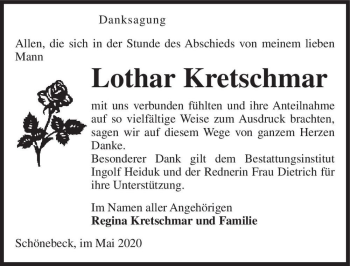 Traueranzeige von Lothar Kretschmar  von Magdeburger Volksstimme