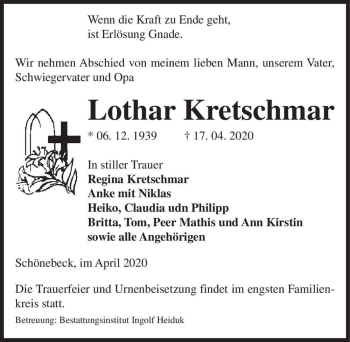 Traueranzeige von Lothar Kretschmar  von Magdeburger Volksstimme