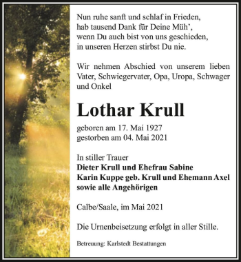 Traueranzeige von Lothar Krull  von Magdeburger Volksstimme
