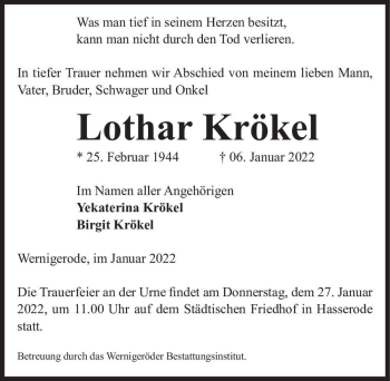 Traueranzeige von Lothar Krökel  von Magdeburger Volksstimme