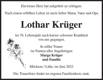 Traueranzeige von Lothar Krüger  von Magdeburger Volksstimme