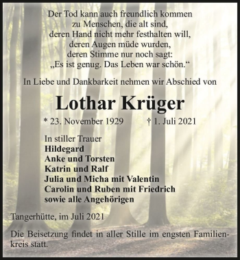 Traueranzeige von Lothar Krüger  von Magdeburger Volksstimme