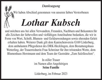 Traueranzeige von Lothar Kubsch  von Magdeburger Volksstimme