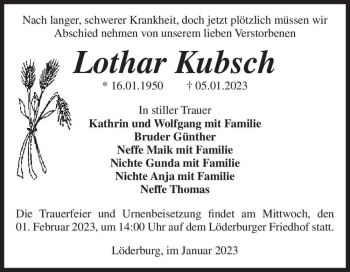 Traueranzeige von Lothar Kubsch  von Magdeburger Volksstimme