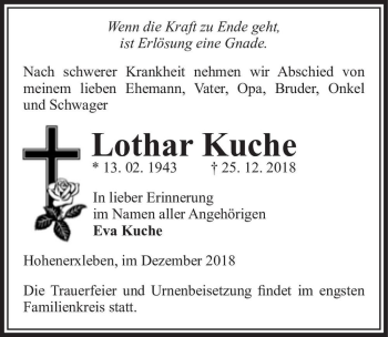 Traueranzeige von Lothar Kuche  von Magdeburger Volksstimme