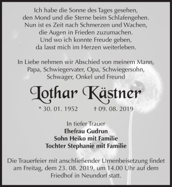 Traueranzeige von Lothar Kästner  von Magdeburger Volksstimme
