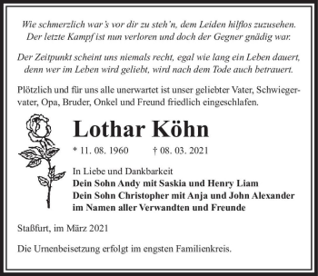 Traueranzeige von Lothar Köhn  von Magdeburger Volksstimme