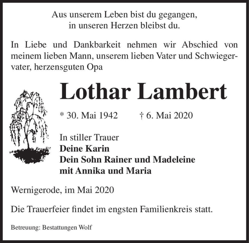 Traueranzeige für Lothar Lambert  vom 09.05.2020 aus Magdeburger Volksstimme