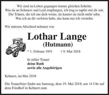 Traueranzeige von Lothar Lange (Hutmann)  von Magdeburger Volksstimme