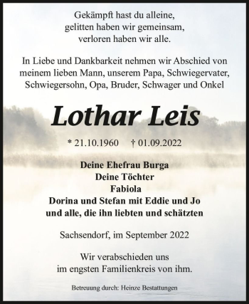 Traueranzeige von Lothar Leis  von Magdeburger Volksstimme