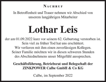 Traueranzeige von Lothar Leis  von Magdeburger Volksstimme