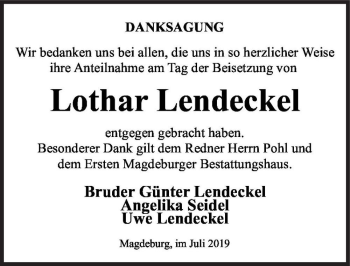 Traueranzeige von Lothar Lendeckel  von Magdeburger Volksstimme