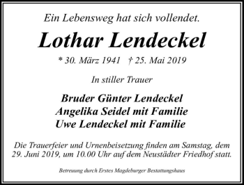 Traueranzeige von Lothar Lendeckel  von Magdeburger Volksstimme